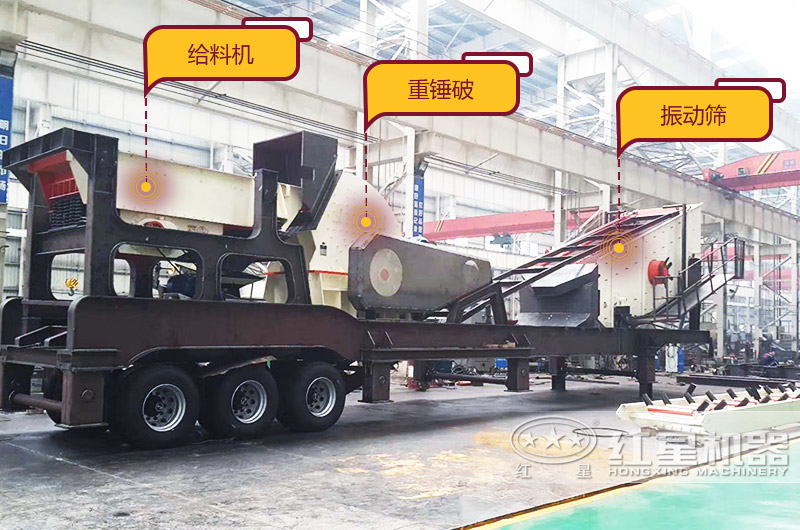 移動(dòng)重錘式破碎機(jī)，給料+破碎+篩分+傳輸，一機(jī)等于一條生產(chǎn)線